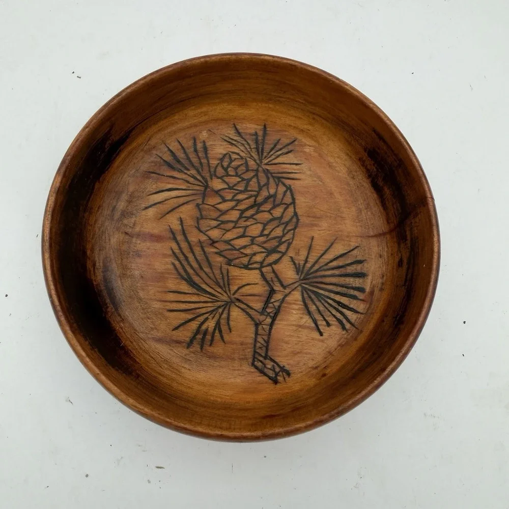 Wooden Trinket Bowl Pine Cone Burned Design 5.5
